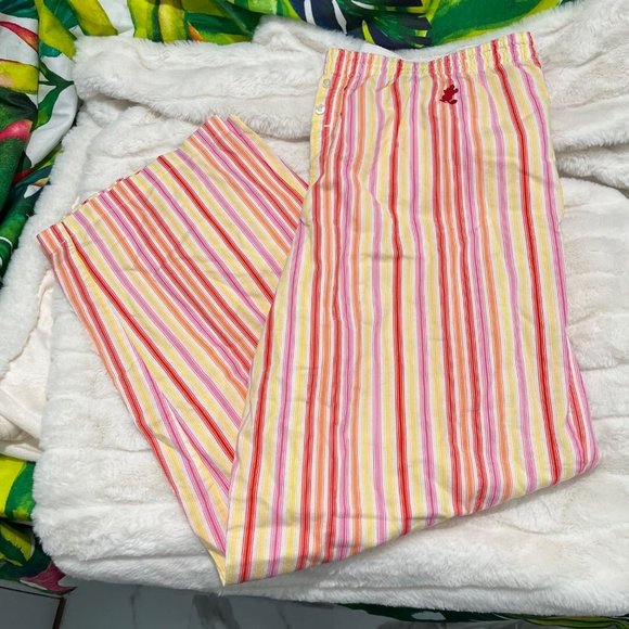DISNEYLAND Y2K Women's Large Pinstripe White Red Yellow Mickey Logo Pajama Pants - Picture 1 of 9